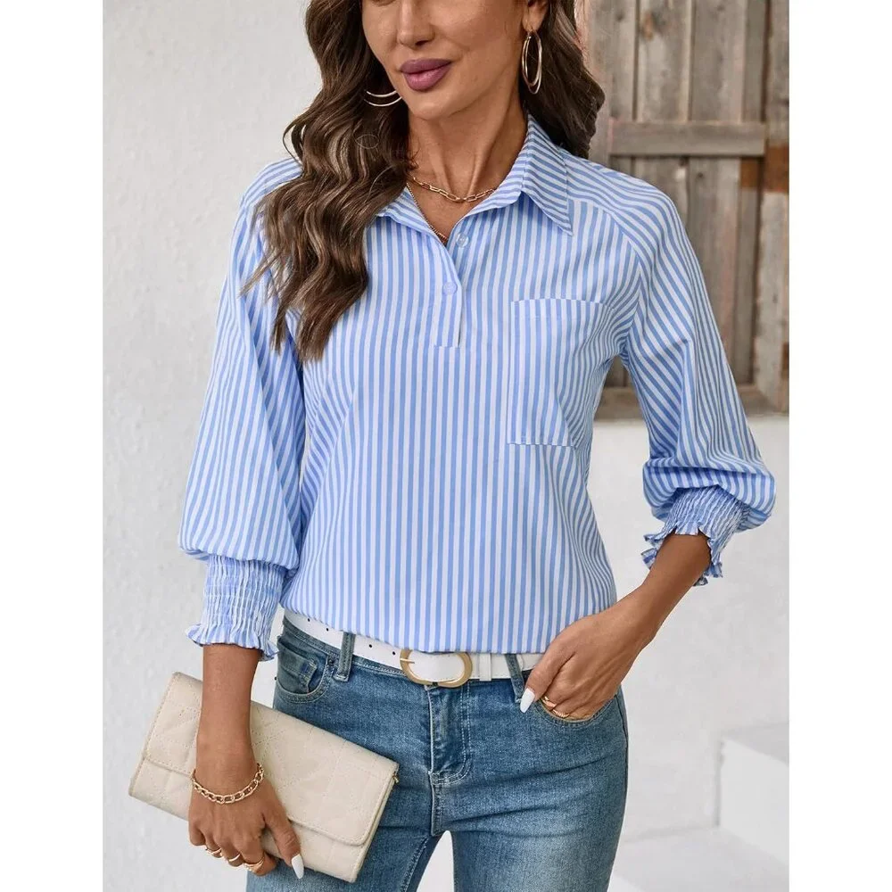 Women Blouses 3/4 Sleeve Business Shirts Smocked Cuffed Spring Dressy Casual Top - Picture 4 of 5
